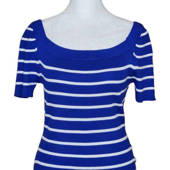 Almost Famous Ribbed Midi Dress Women's Large Cobalt Blue White Stripe Bodycon - Picture 2 of 11